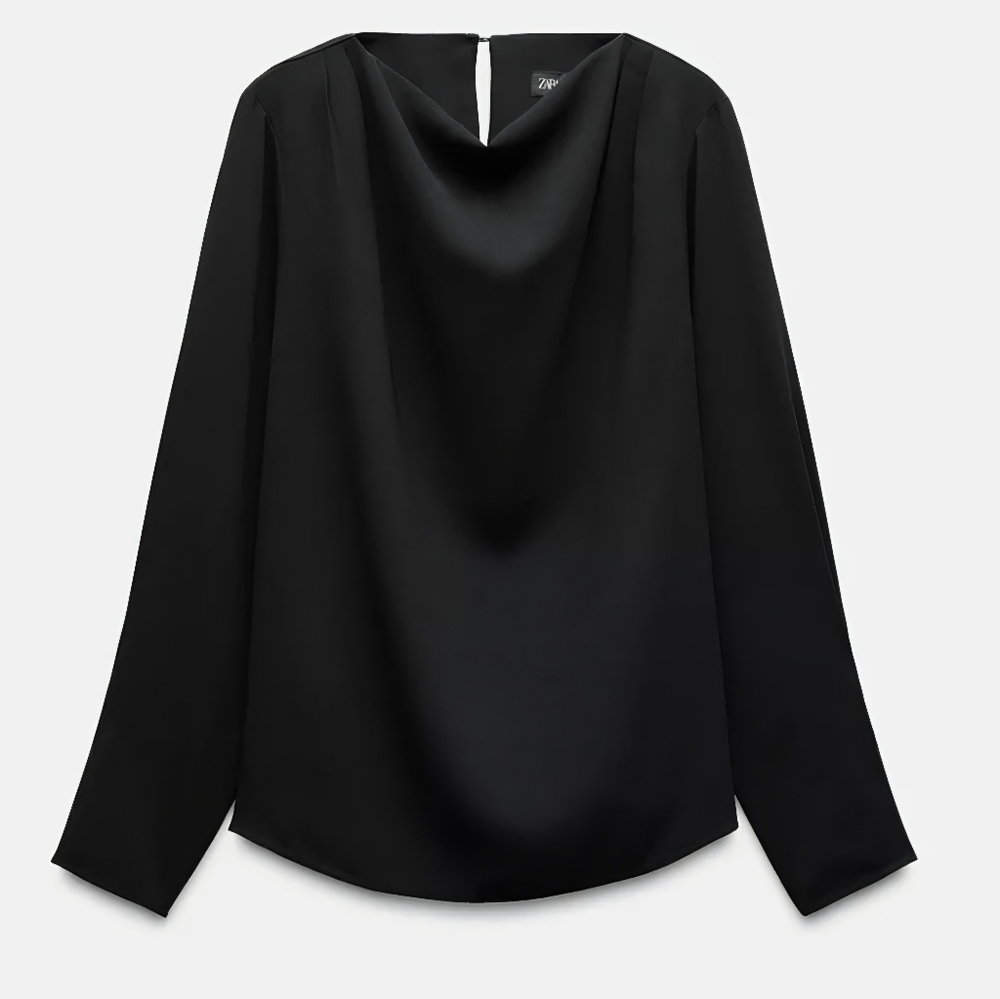 NWT - Zara Women's Draped Collar Blouse with Flower Crystal Buttons - Size L
